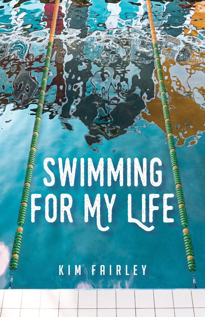 Swimming pool with lanes and text reading 'Swimming for my life'. Swimming pool with lanes and text reading 'Swimming for my life'.